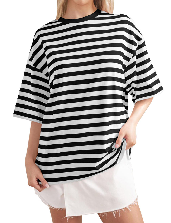 Damen Oversized gestreiftes T-Shirt mit Rundhalsausschnitt und kurzen Ärmeln Drune