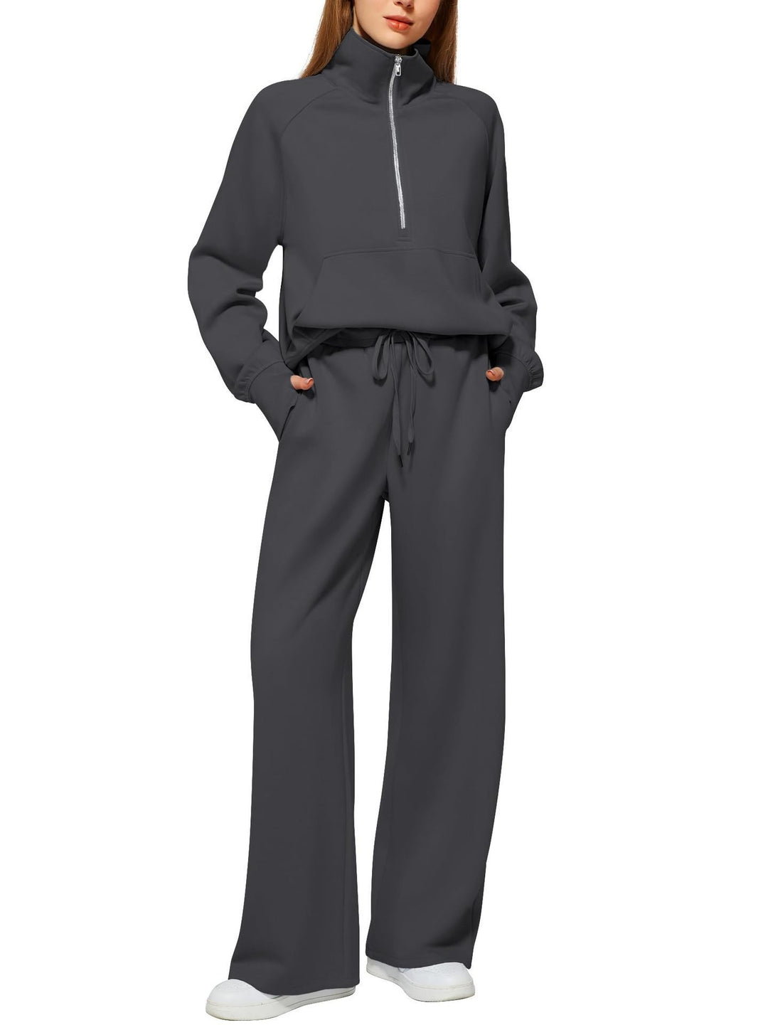 Damen Sportliches Fleece-Kombinationsset mit hohem Kragen und seitlichen Taschen Drune