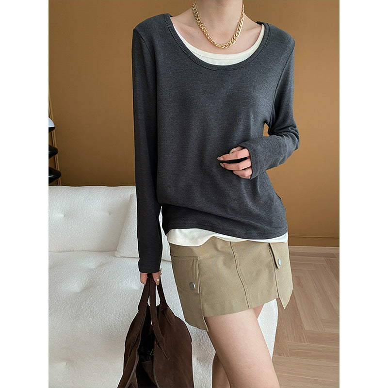 Damen lässiger Longsleeve mit großzügigem Rundhalsausschnitt und elegantem Untertop Drune
