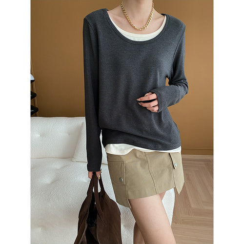 Damen lässiger Longsleeve mit großzügigem Rundhalsausschnitt und elegantem Untertop Drune