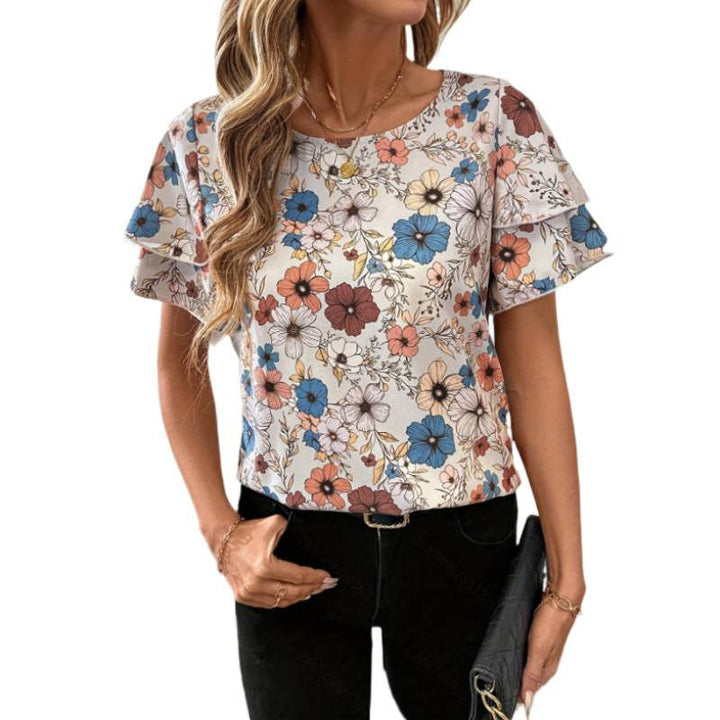 Damen Kurzarm-Bluse mit Volant und floralem Muster Drune