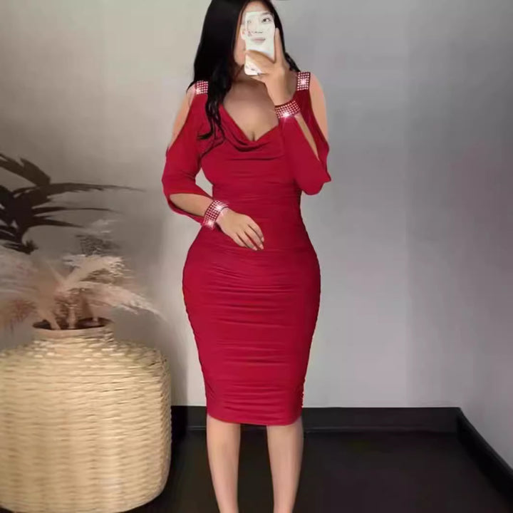 Damen Figurbetontes Cocktailkleid mit detaillierter Raffung und Off-Shoulder-Ärmeln Drune