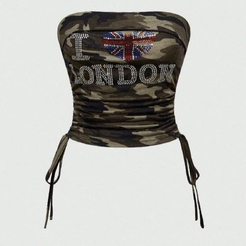 Damen Bustier-Oberteil mit Camouflage-Muster und Strass-Applikationen Drune