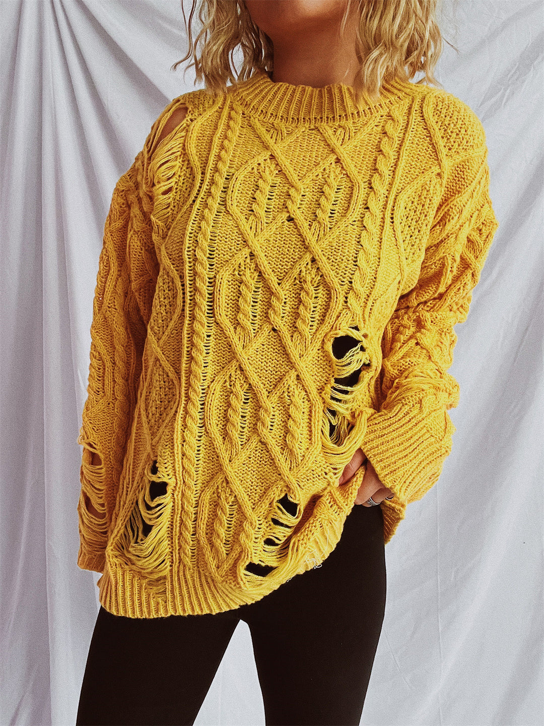 Damen lässiger Oversized-Pullover mit strukturiertem Zopfmuster und Fransen Drune