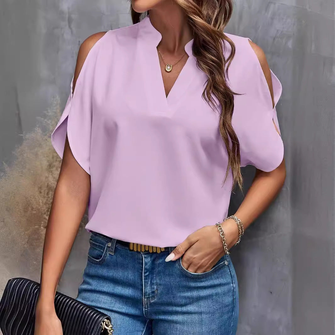 Damen Elegante Bluse mit offenen Schultern und Stehkragen Drune