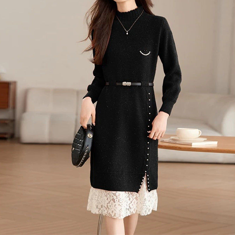 Damen Strickkleid mit dekorativen Knopfdetails und Spitze Drune