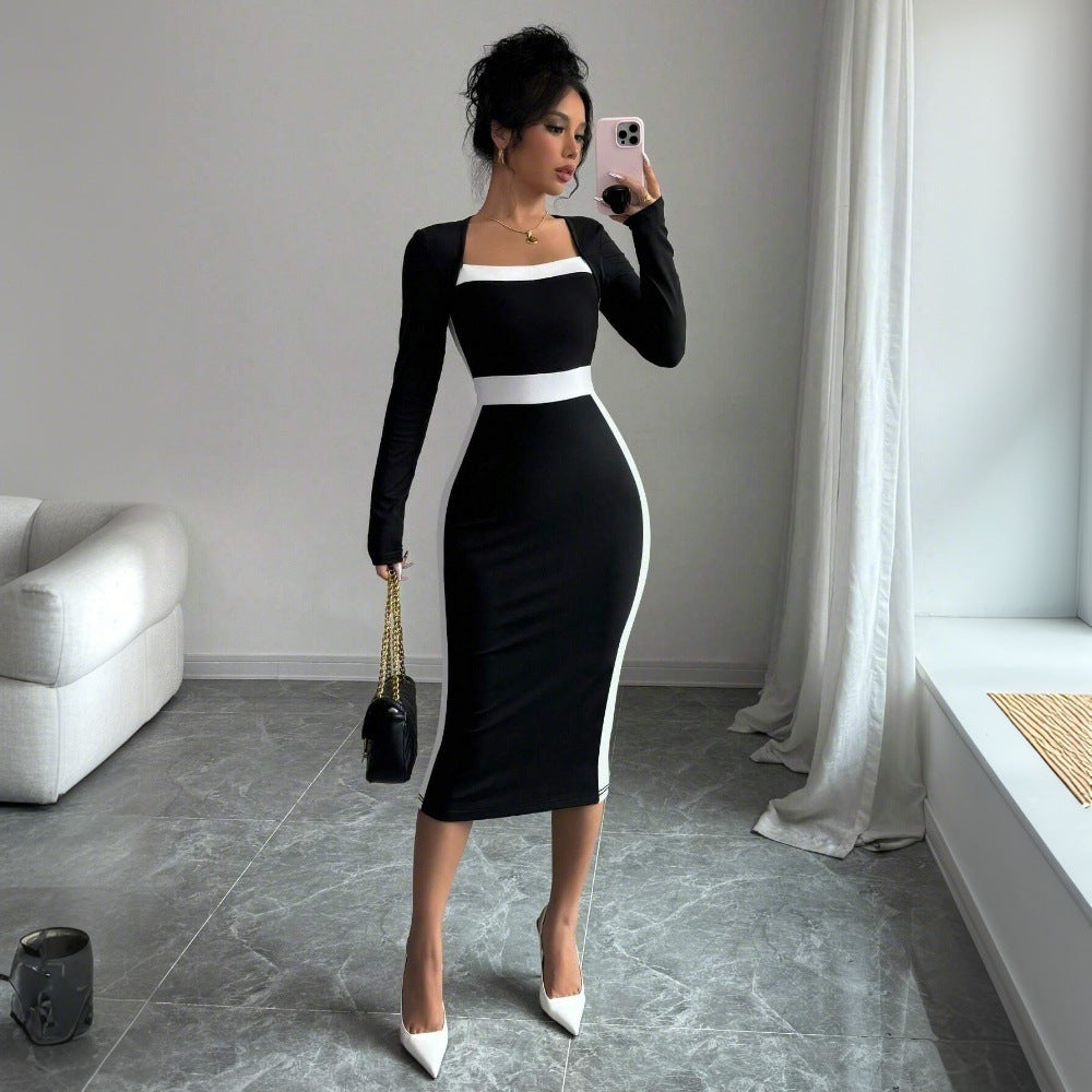 Damen figurbetontes Midi-Kleid mit quadratischem Ausschnitt und kontrastierenden Akzenten Drune