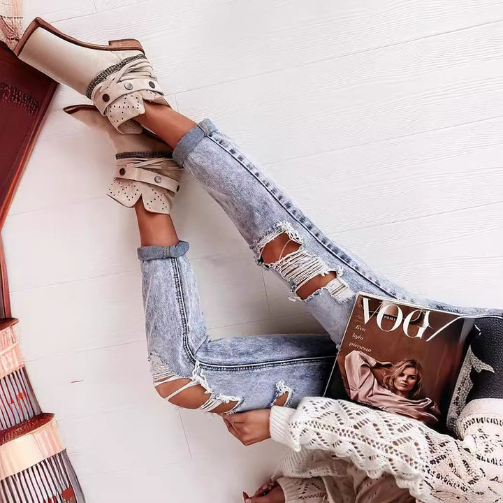 Damen Destroyed Jeans im lässigen Boyfriend-Schnitt mit hohem Bund und Details Drune
