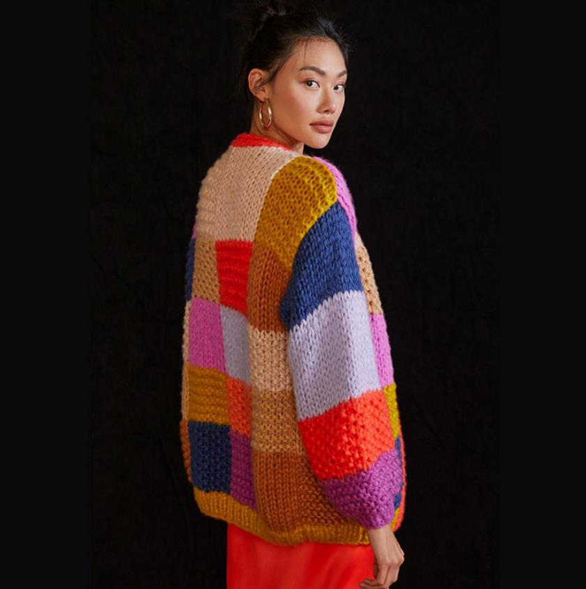 Damen Grobstrick-Cardigan mit buntem Patchwork-Design Drune