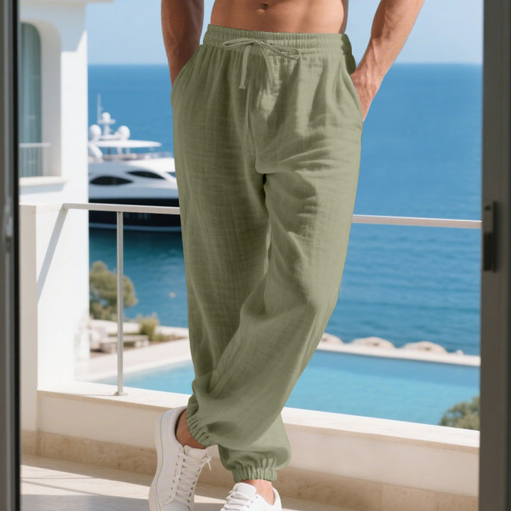Herren nan leichte Leinen-Baumwoll Loungehose mit elastischem Tunnelzug, seitlichen Eingrifftaschen und elastischen Beinabschlüssen Drune