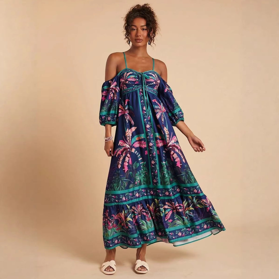 Damen Maxikleid mit schulterfreiem Design und tropischem Druck Drune