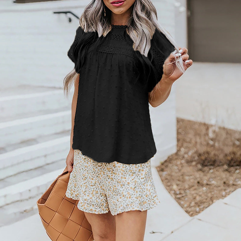 Damen elegante kurze Bluse mit Spitzenakzenten Drune