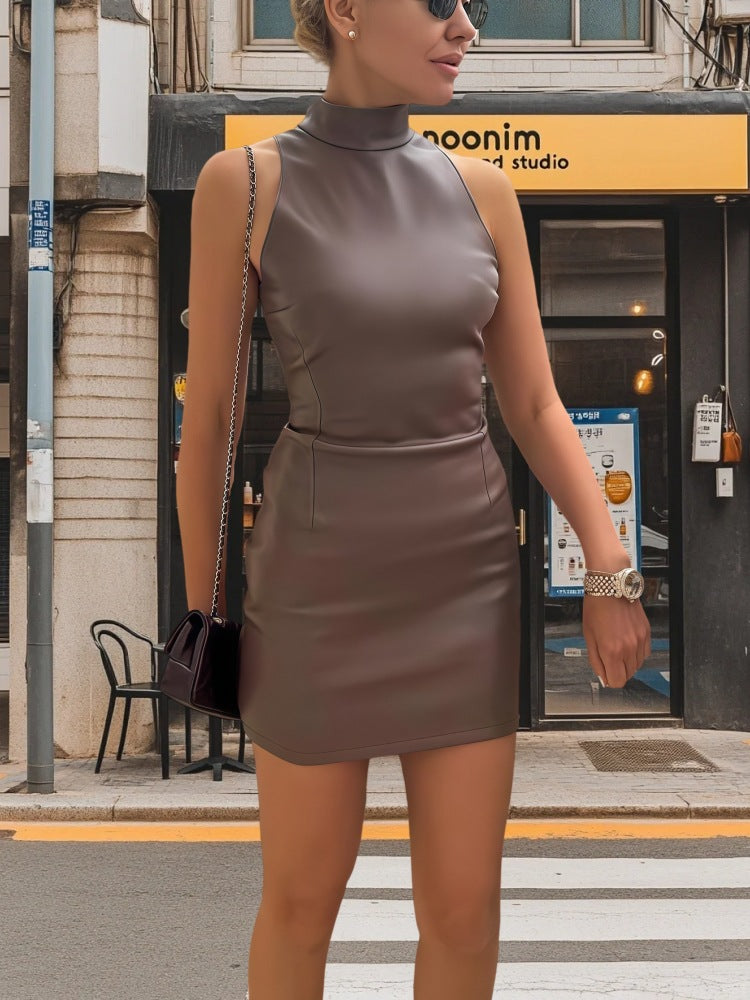 Damen figurbetontes Kleid mit Stehkragen und glänzender Oberfläche Drune
