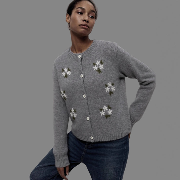 Damen gestrickter Cardigan mit floralen Stickereien Drune