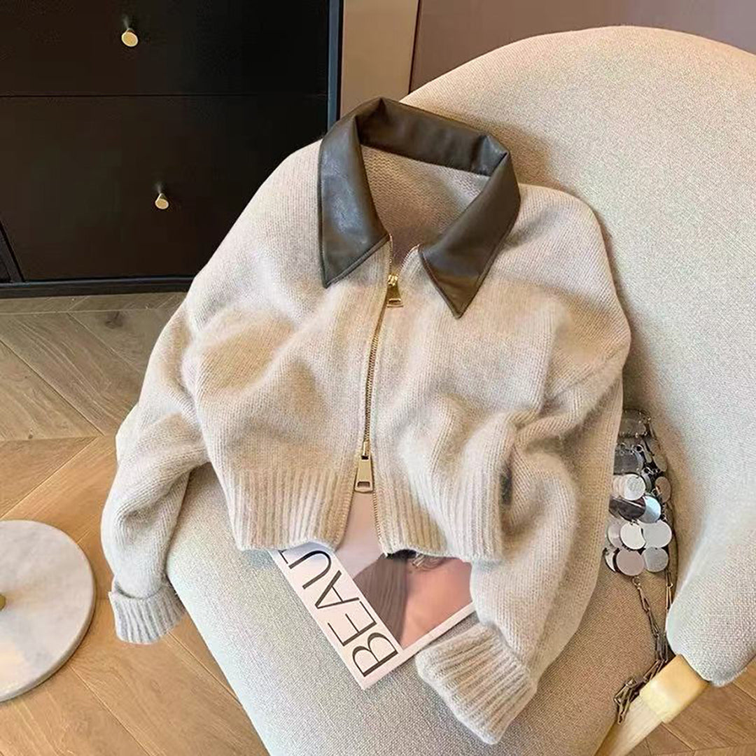 Damen nan kurz geschnittener Strickblouson mit Kunstlederkragen und goldfarbenem Metallreißverschluss Drune