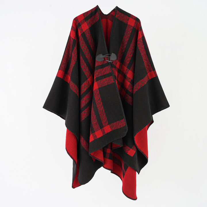 Damen Luxuriöser Geometrischer Poncho aus weichem Material mit dezenter Knopfverzierung Drune
