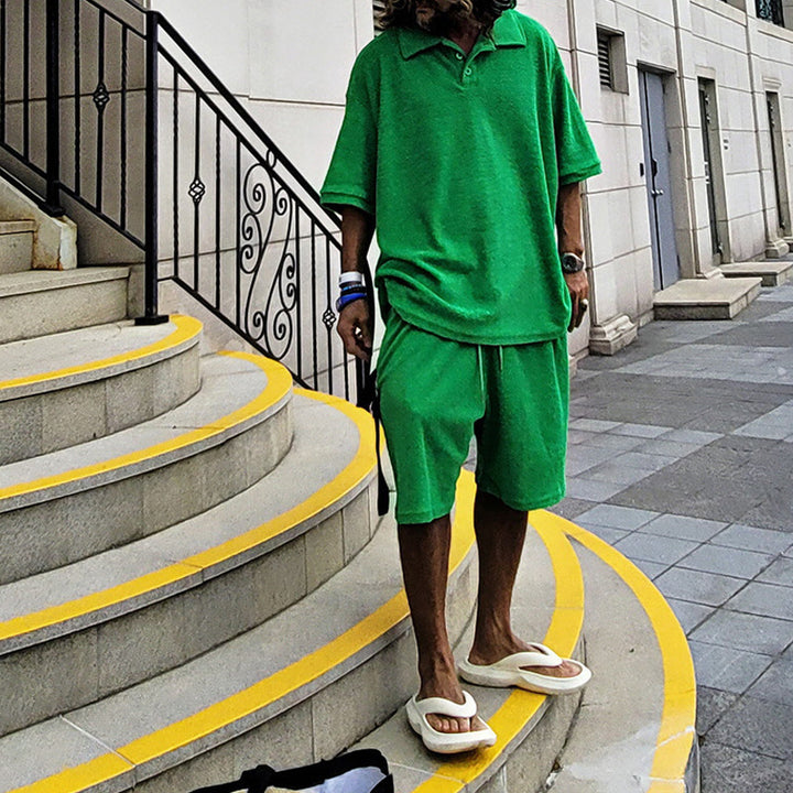 Herren nan urbanes weites Freizeit-Set mit Henley-Kragen, verlängertem weit geschnittenem Shirt und knielangen Jersey-Shorts Drune