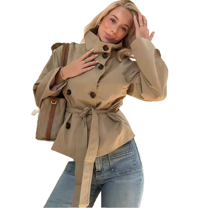 Damen modische Trenchjacke mit tailliertem Schnitt und hohem Kragen Drune