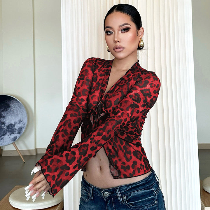 Damen leicht transparentes Oberteil mit Leopardenmuster Drune