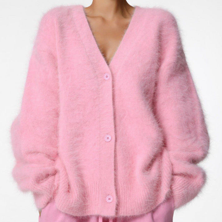 Damen flauschiger Cardigan mit V-Ausschnitt und übergroßem Schnitt Drune