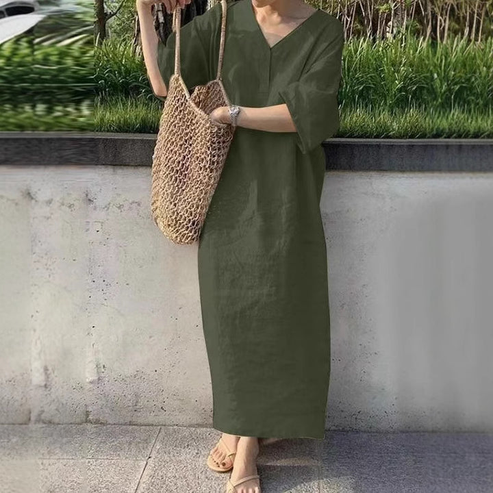 Damen lässiges Leinen-Midikleid mit V-Ausschnitt und weit geschnittenen Ärmeln Drune