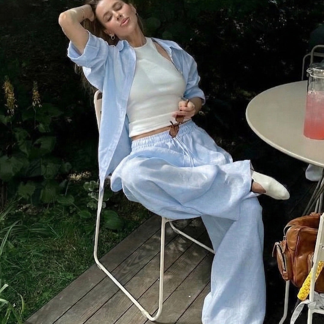 Damen nan luftiges Leinen-Loungeset mit Oversize-Hemd und weiter Bundhose mit Gummizug Drune