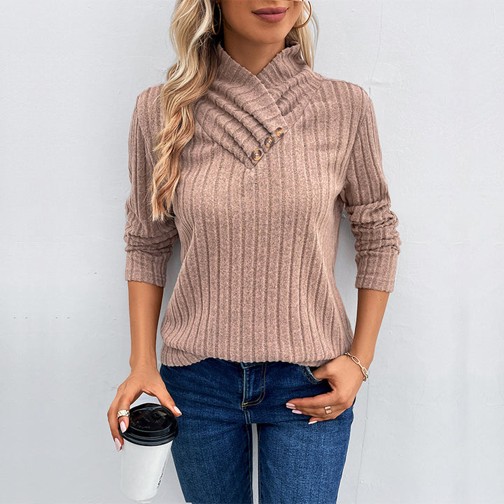 Damen modischer Strickpullover mit hohem Kragen und Knopfdetails Drune