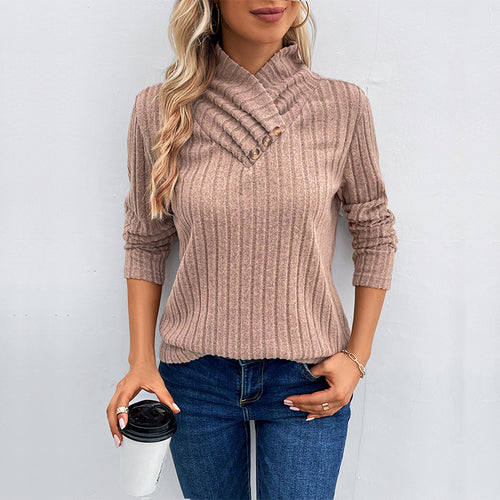 Damen modischer Strickpullover mit hohem Kragen und Knopfdetails Drune