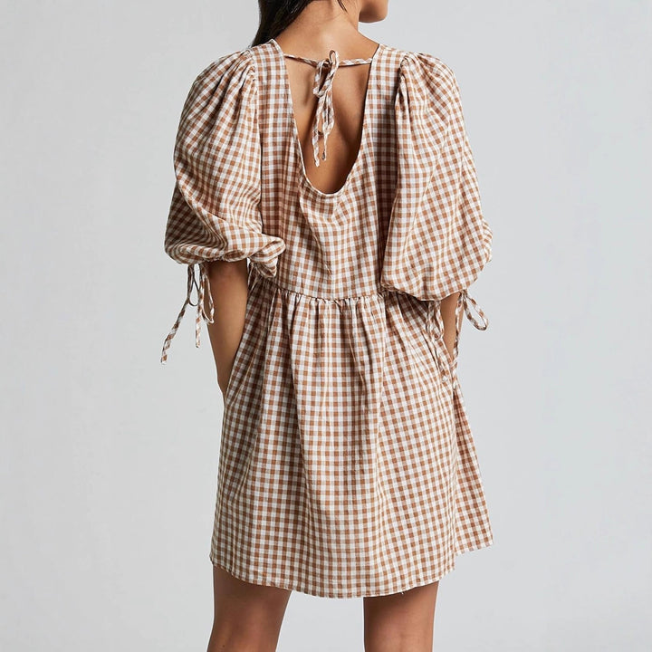 Damen Freizeitkleid mit V-Ausschnitt und Puffärmeln Drune