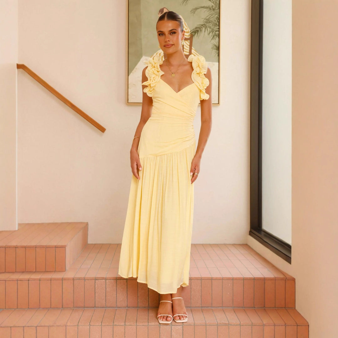 Damen Maxikleid mit eleganten Rüschen und figurbetontem Schnitt Drune