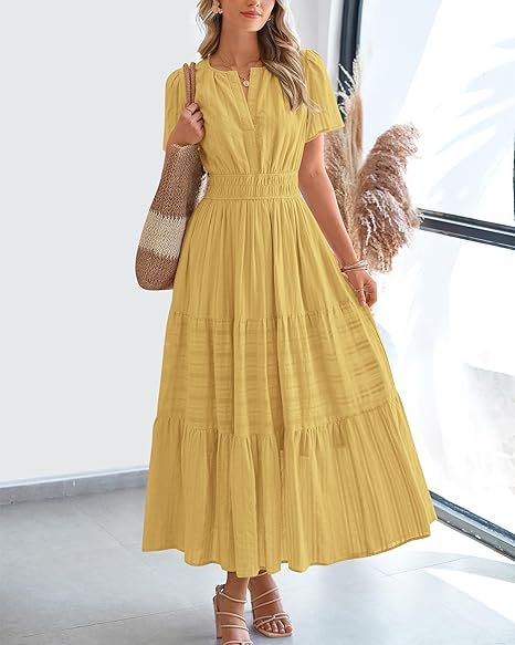 Damen langes Sommerkleid mit elastischem Taillenbund und raffiniertem Faltenwurf Drune