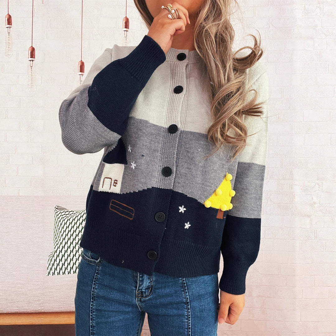 Damen Strickjacke mit festlichem Motiv und Knopfdetails Drune