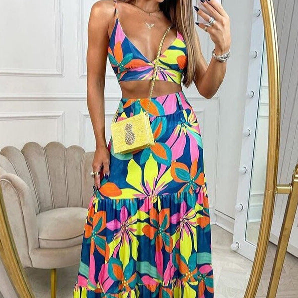 Damen Maxikleid mit floralem Design und verziertem V-Ausschnitt Drune