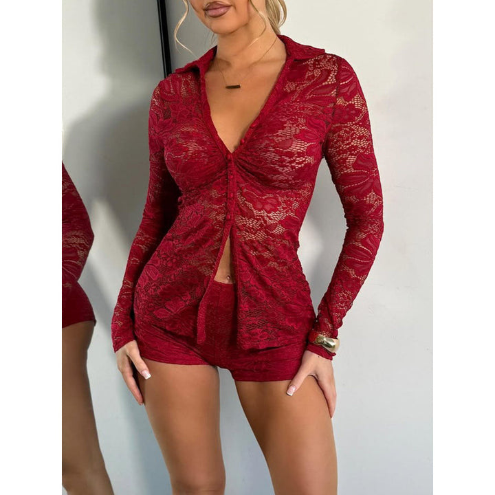 Damen Transparente Spitzenbluse mit knöpfbarem Ausschnitt und langem Arm Drune