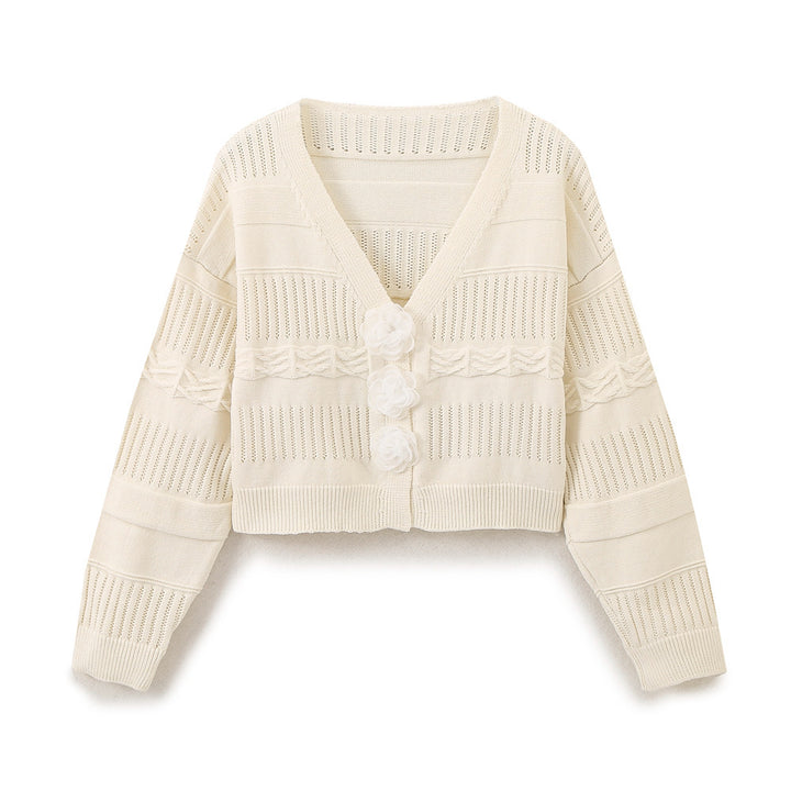 Damen modische Strickjacke mit romantischen Blumenknöpfen und lässigem Schnitt Drune