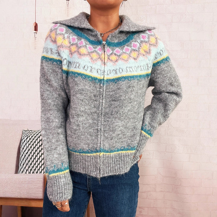 Damen Strickjacke mit buntem Muster und hochwertigem Reißverschluss Drune