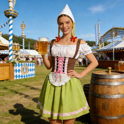 Damen nan traditionelles Oktoberfest Dirndl Kostüm mit Schnürkorsett, Schürze und Zipfelmütze Drune