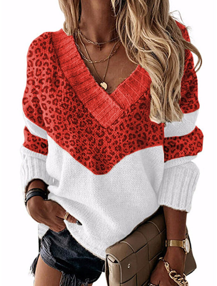 Damen V-Ausschnitt Pullover mit Leopardenmuster Drune