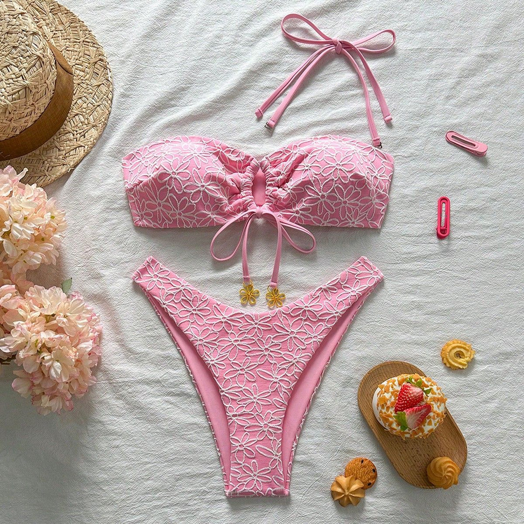 Damen Bandeau-Bikini mit floralen Applikationen Drune