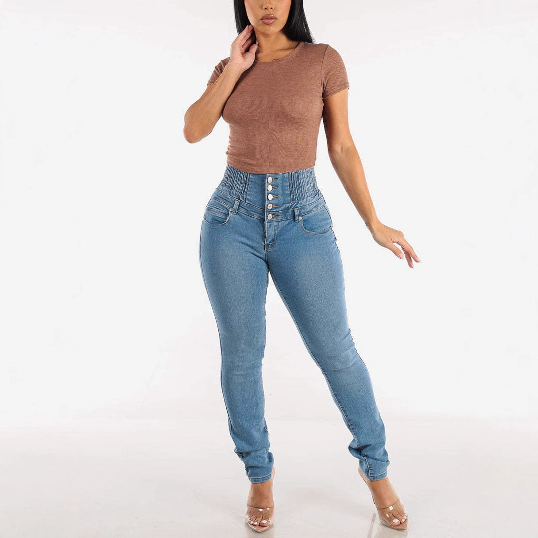 Damen Hochtaillierte Skinny Jeans mit dekorativen Knopfdetails und elastischem Bund Drune