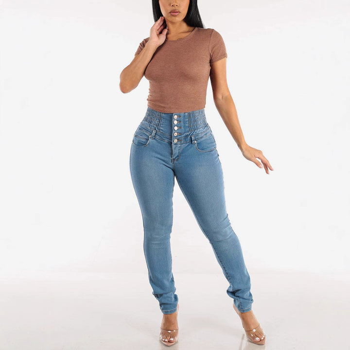 Damen Hochtaillierte Skinny Jeans mit dekorativen Knopfdetails und elastischem Bund Drune