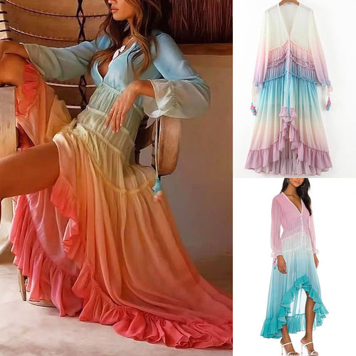 Damen Boho Maxikleid mit voluminösem Rock und Rüschen Drune