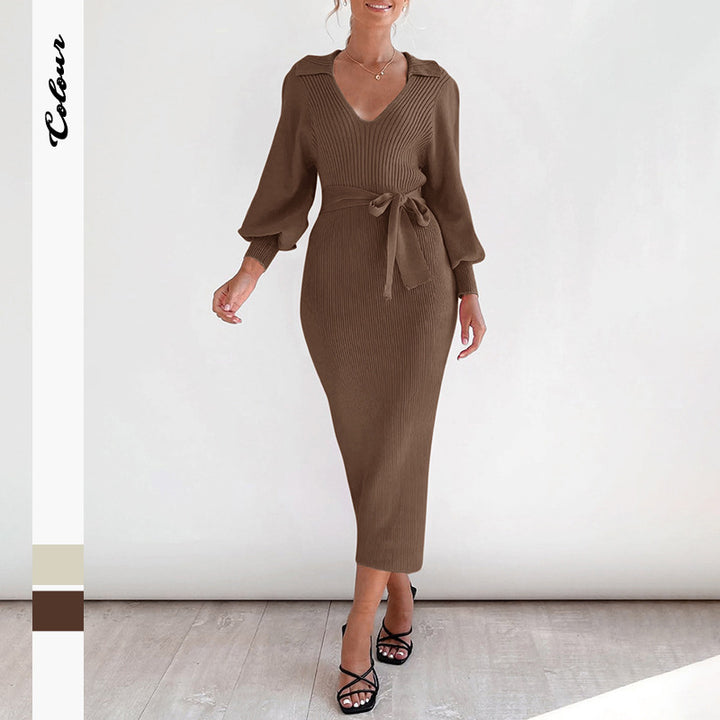Damen Strickkleid mit tiefem V-Ausschnitt und eleganter Taillierung Drune