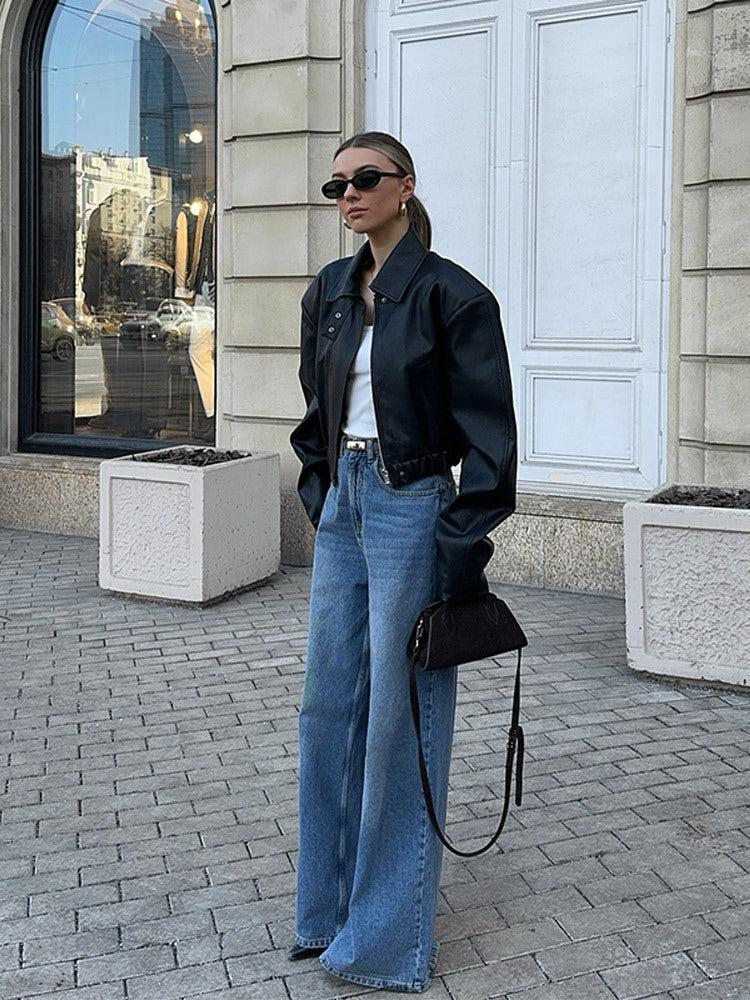 Damen modische Lederjacke mit oversized Passform Drune