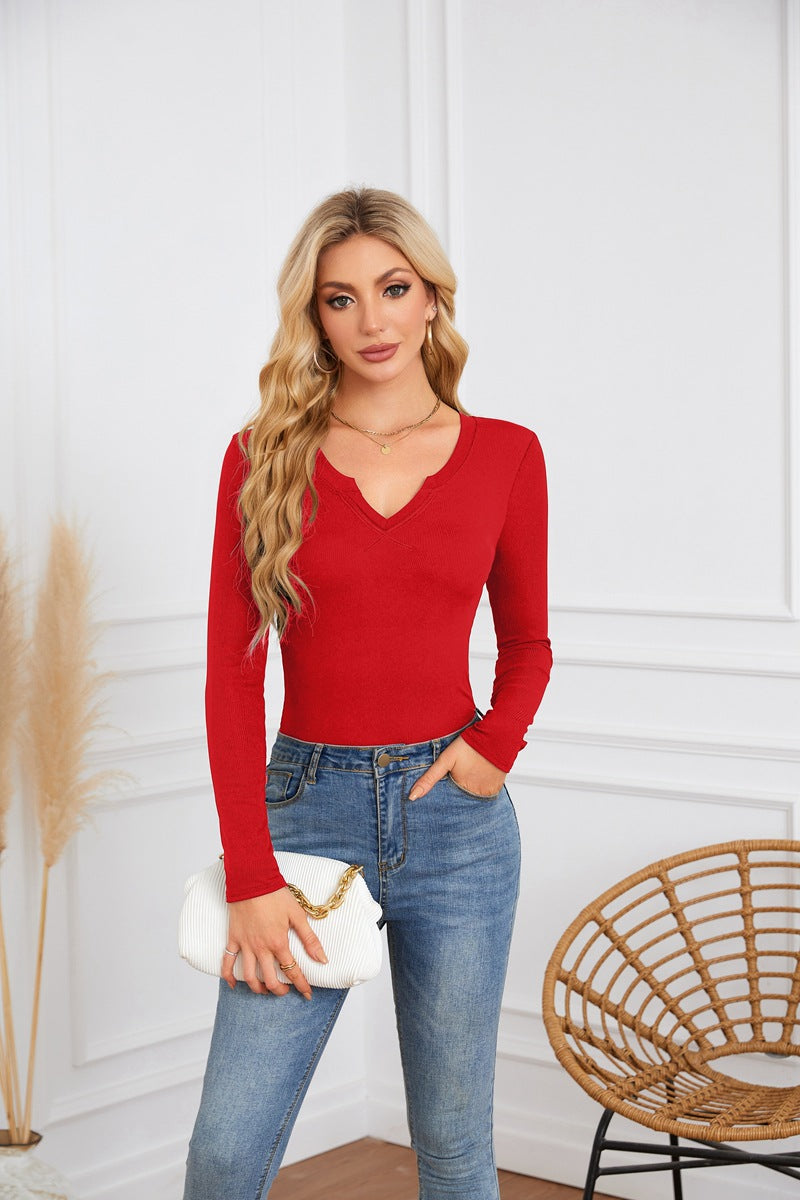 Damen Langarmshirt mit elegantem V-Ausschnitt und feiner Textur Drune