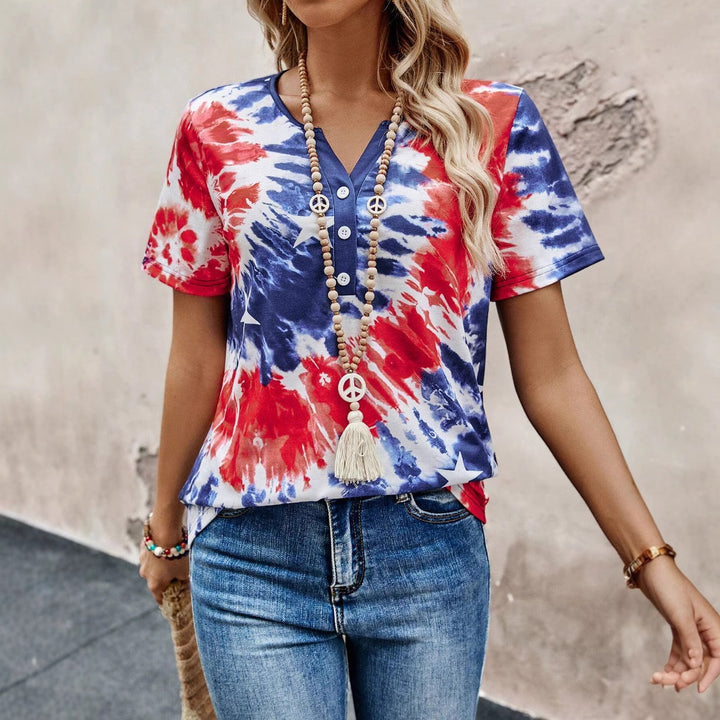 Damen Knopf-Detail T-Shirt mit Batikmuster Drune