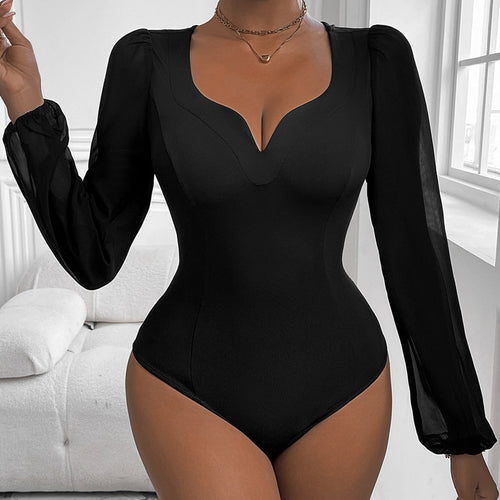 Damen Body mit eleganten Puffärmeln und tiefem V-Ausschnitt Drune