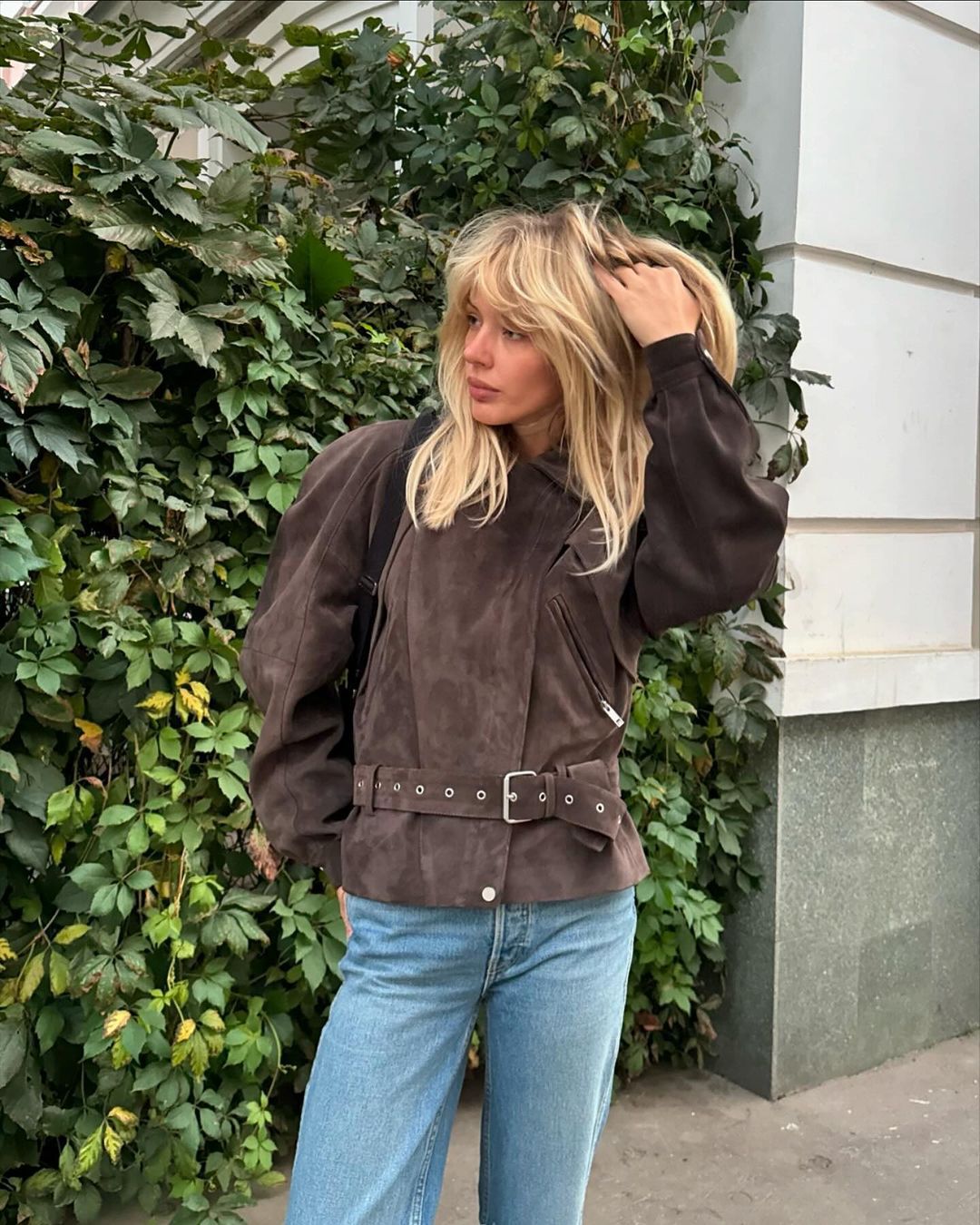 Damen Modische Wildlederjacke mit Taillengürtel Drune