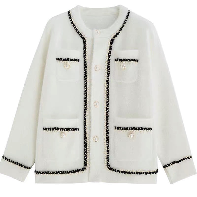 Damen modische Strickjacke mit eleganten Kontrastnähten und Knopfdetails Drune