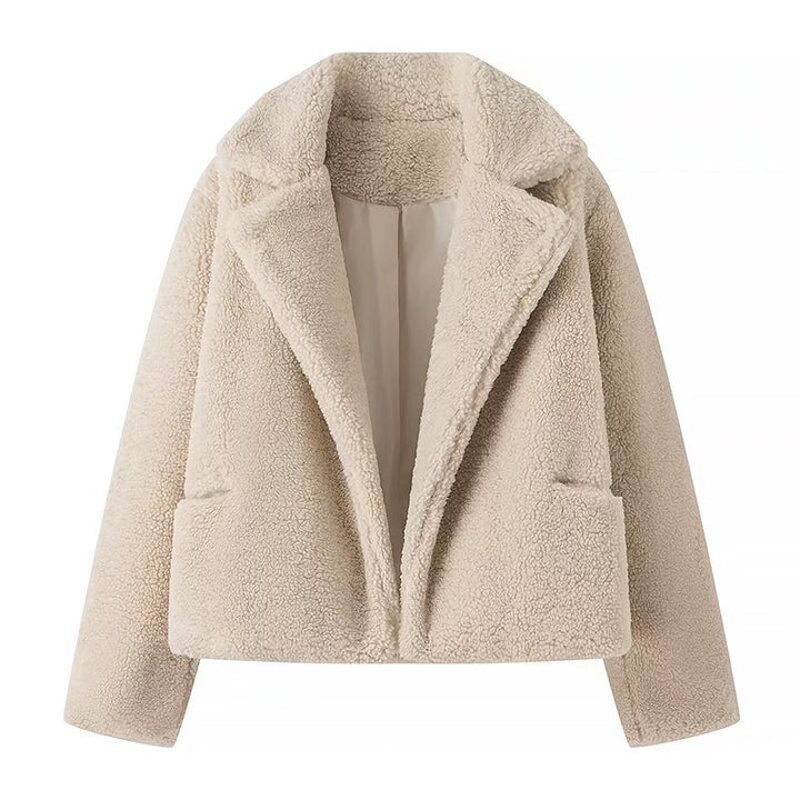 Damen nan kurzes Teddy-Fleece Blouson mit Reverskragen, wattiertem Innenfutter und Eingrifftaschen Drune